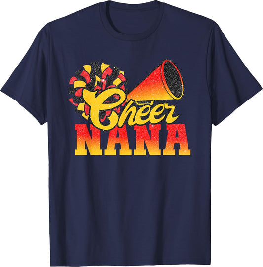 Cheer Nana Biggest Fan Cheerleader Orange Red Gold Pom Pom T-Shirt - T-Shirt | Navy