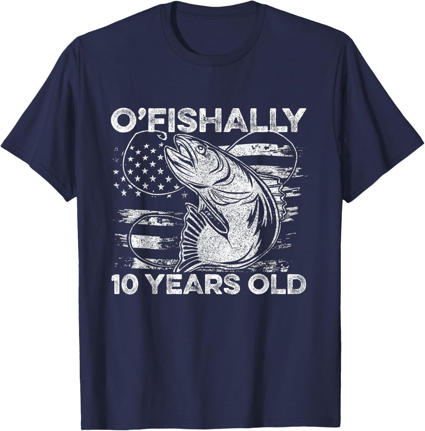 Ofishally 10 Year Old Shirt 10th Birthday Fishing US Flag T-Shirt - T-Shirt | Navy