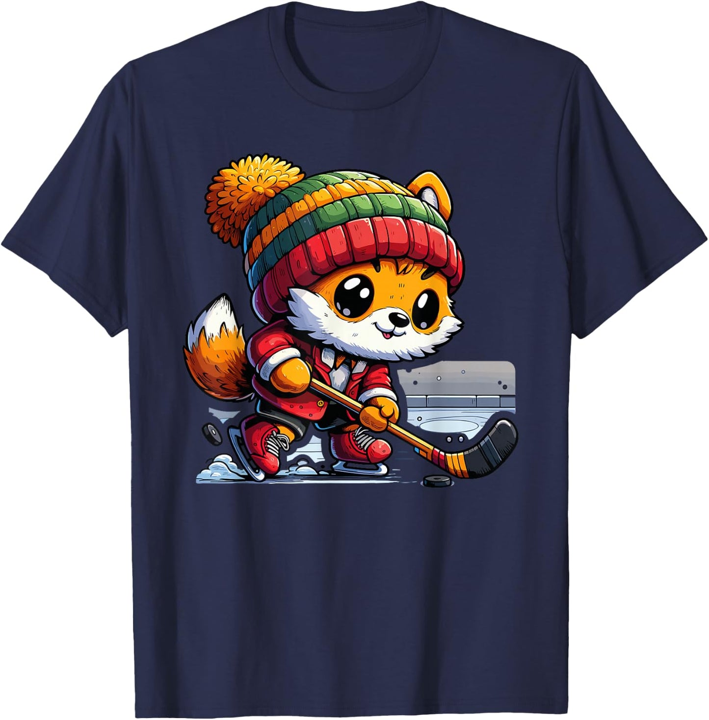 Cute Fox Playing Ice Hockey Skating Winter Sports Player T-Shirt - T-Shirt | Navy