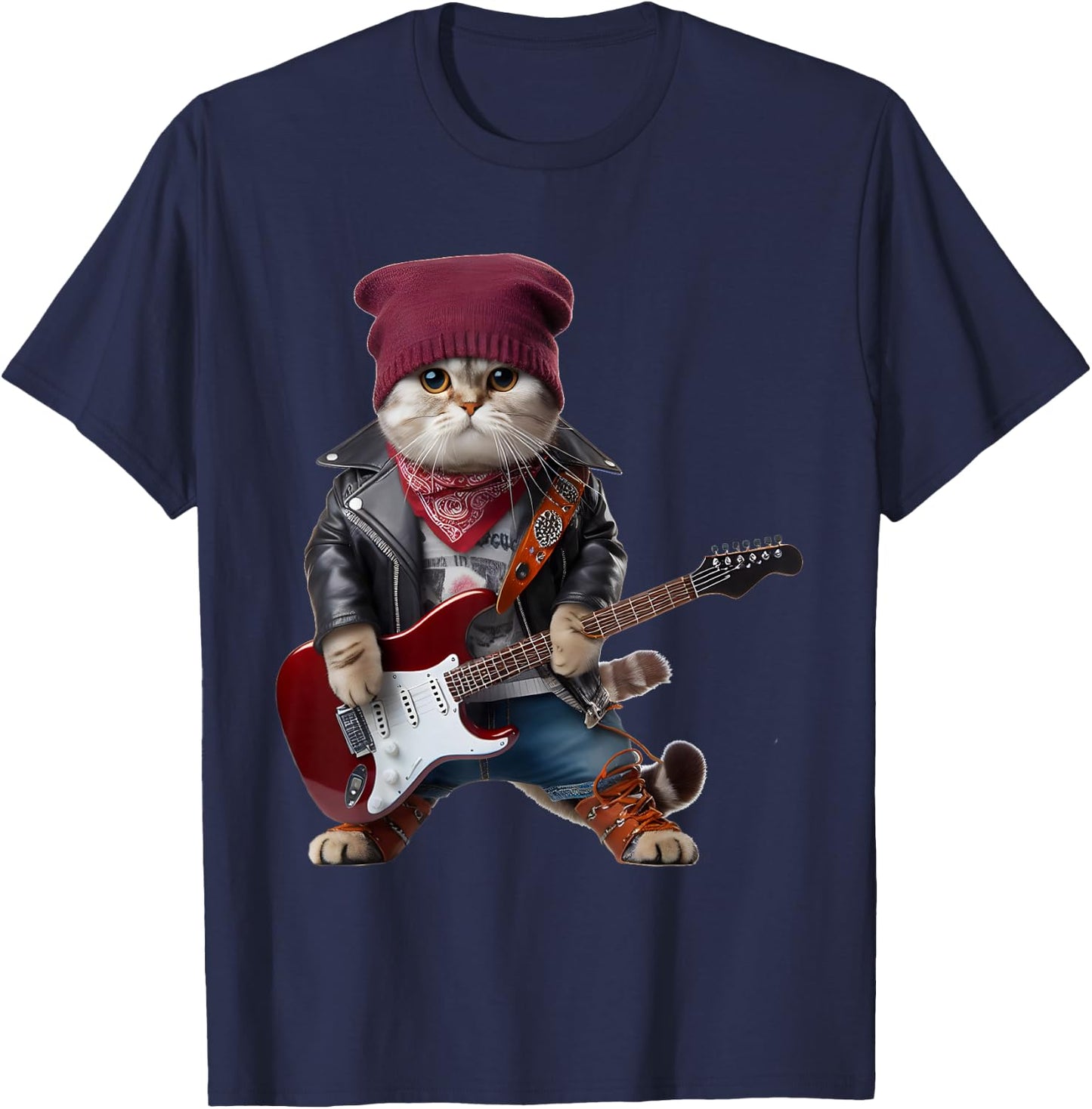Cat Playing Guitar Cute Funny Cute Kitten Rock Rockin Cat T-Shirt - T-Shirt | Navy