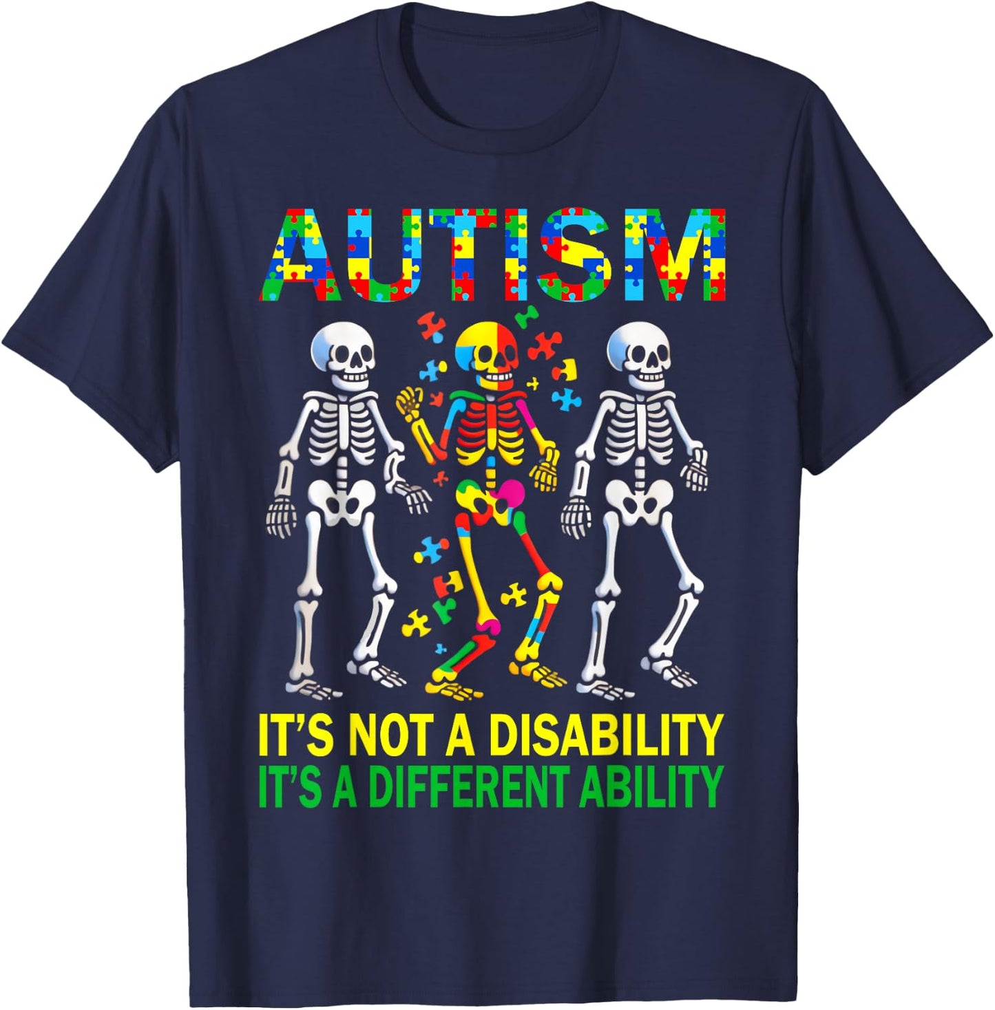 Autism Awareness Skeleton Dancing Autistic Kids Awareness T-Shirt - T-Shirt | Navy