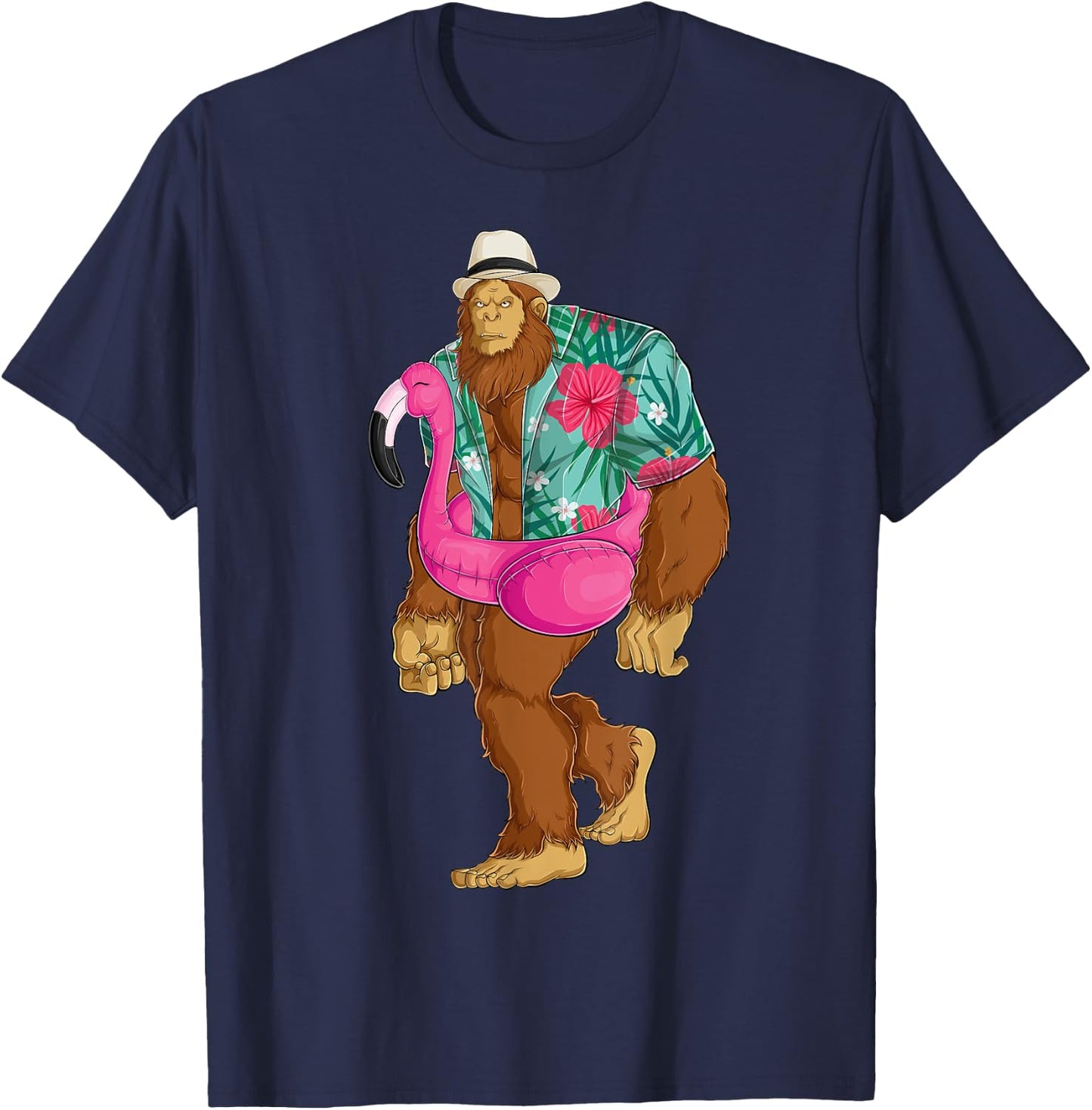 Bigfoot Sasquatch Pink Flamingo Aloha Beach Hawaiian Party Men Women Girls Kids T-Shirt - T-Shirt | Navy