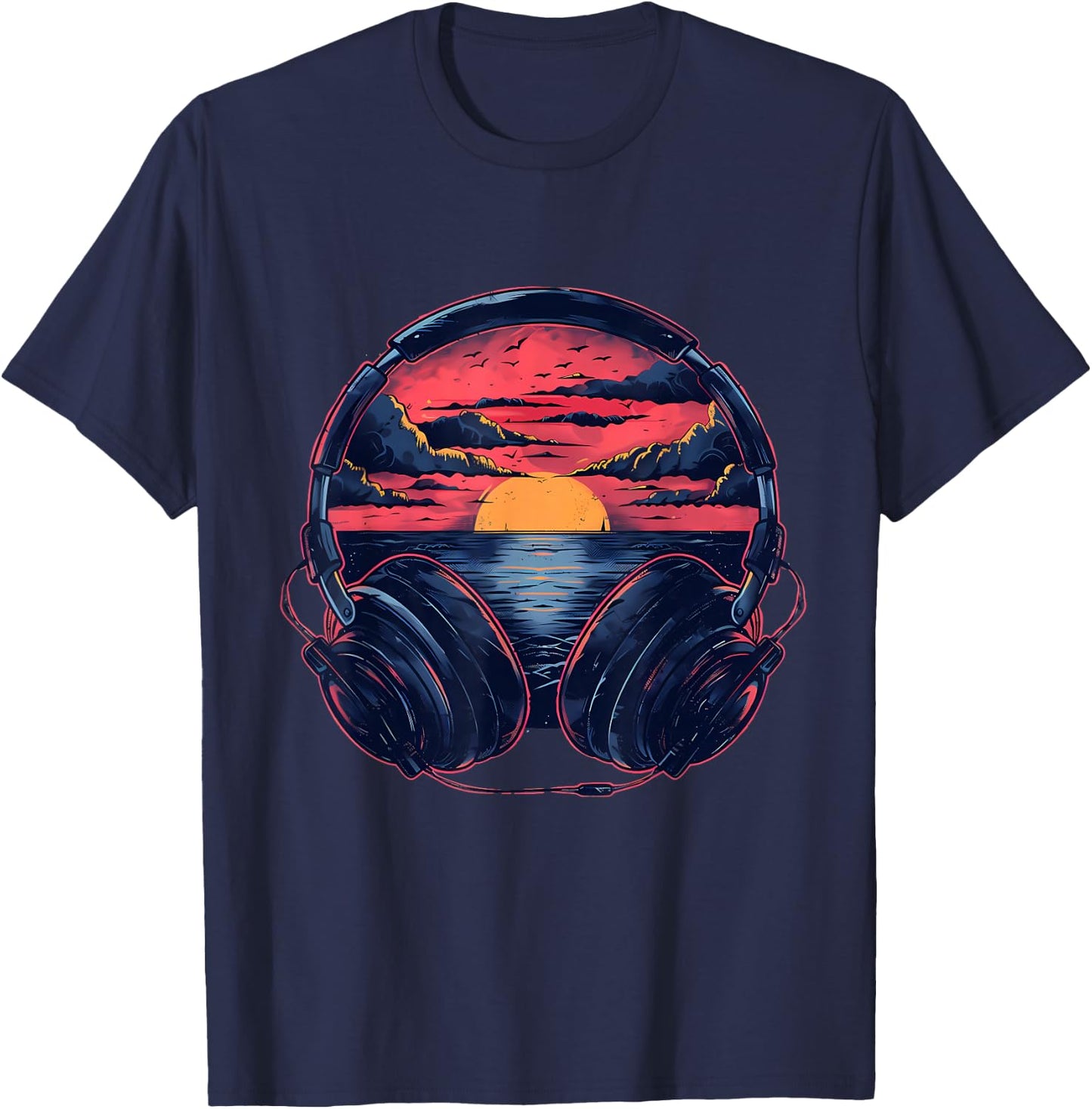Headphones Music DJ Artwork Beatmaker House Music Sunset T-Shirt - T-Shirt | Navy