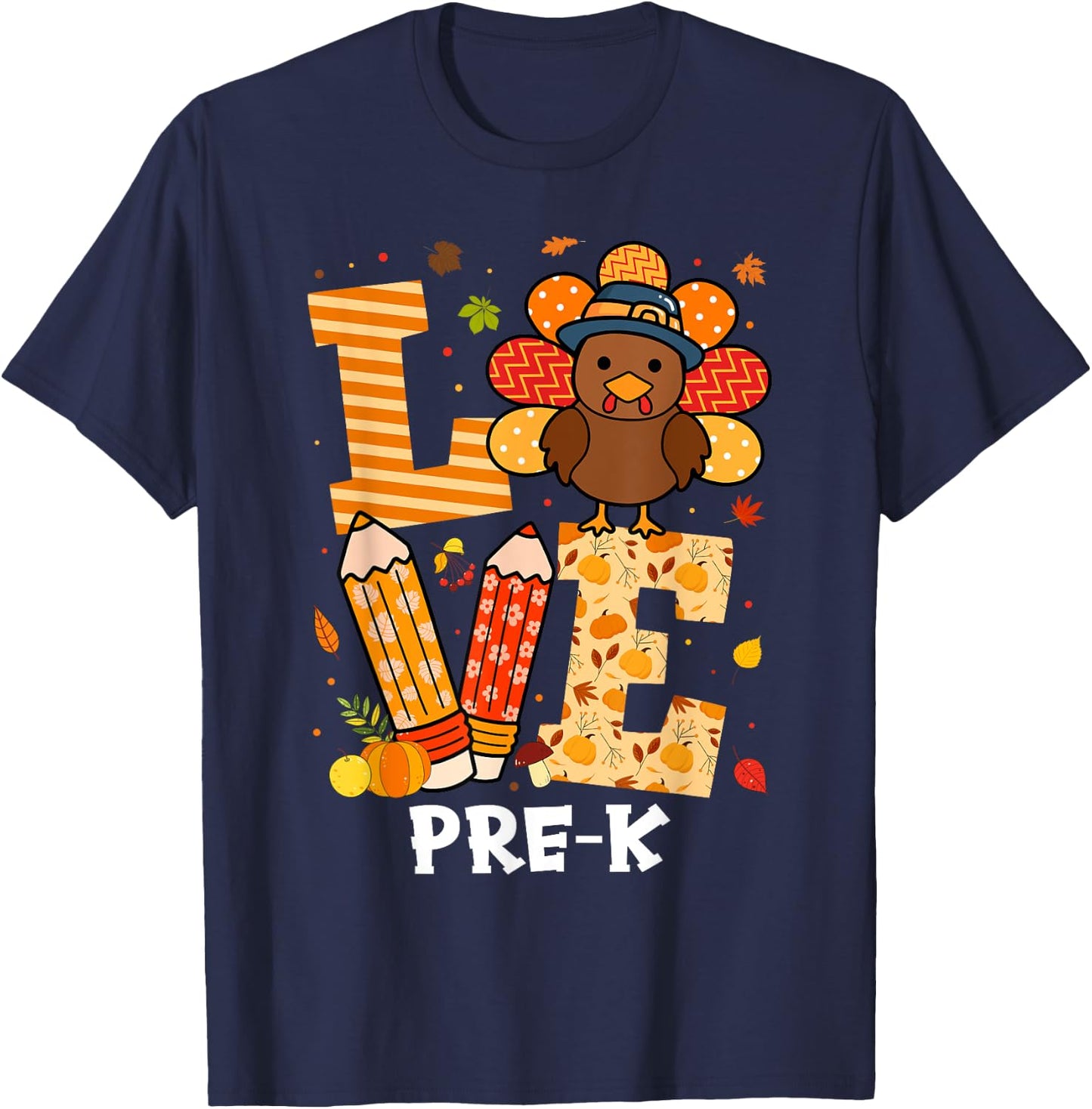 Thanksgiving Love Pre-K Teacher Turkey Autumn Fall Women Girls Kids T-Shirt - T-Shirt | Navy