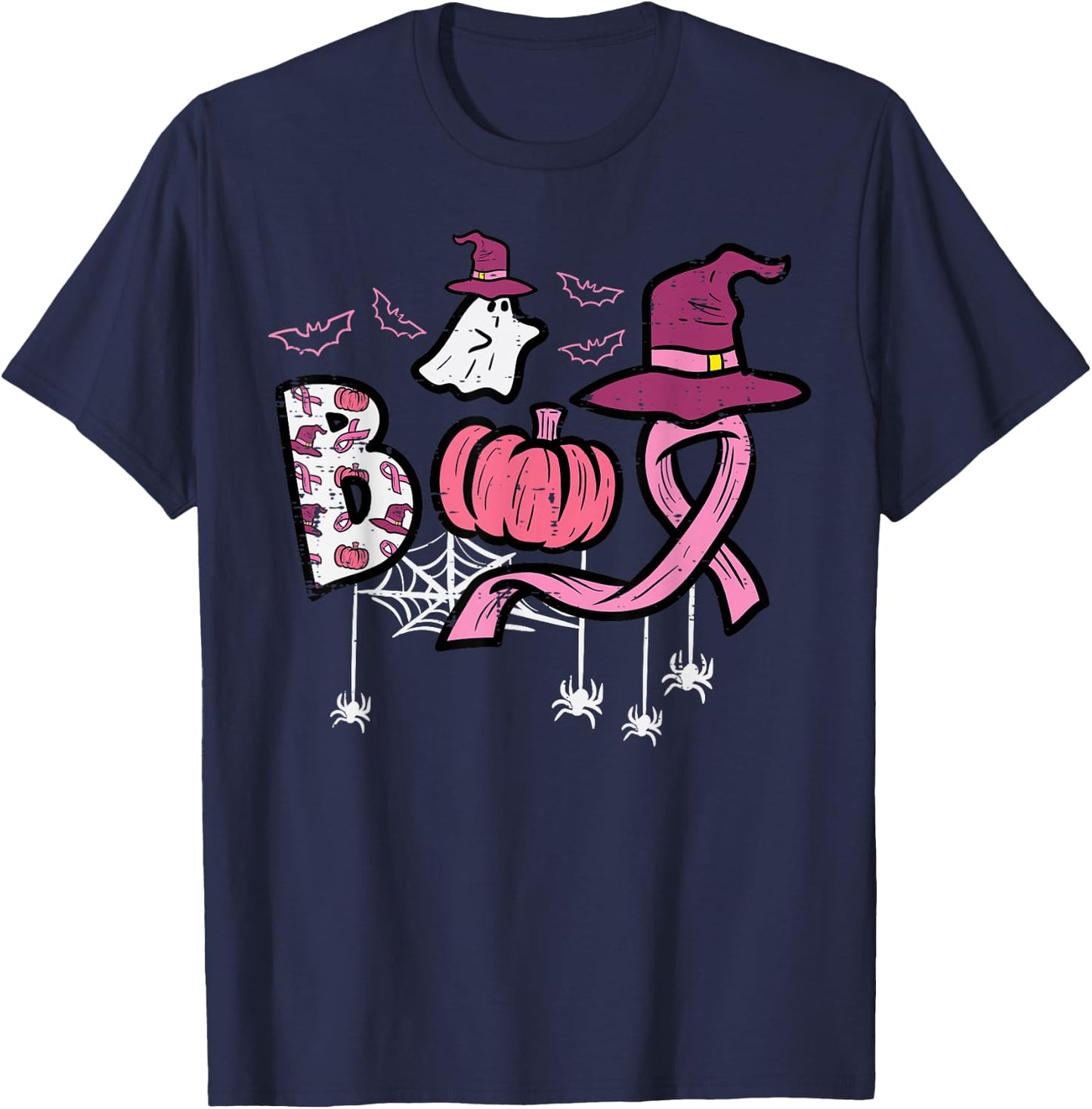 Breast Cancer Boo Halloween Pink Ribbon Aware Women Kids Men T-Shirt - T-Shirt | Navy