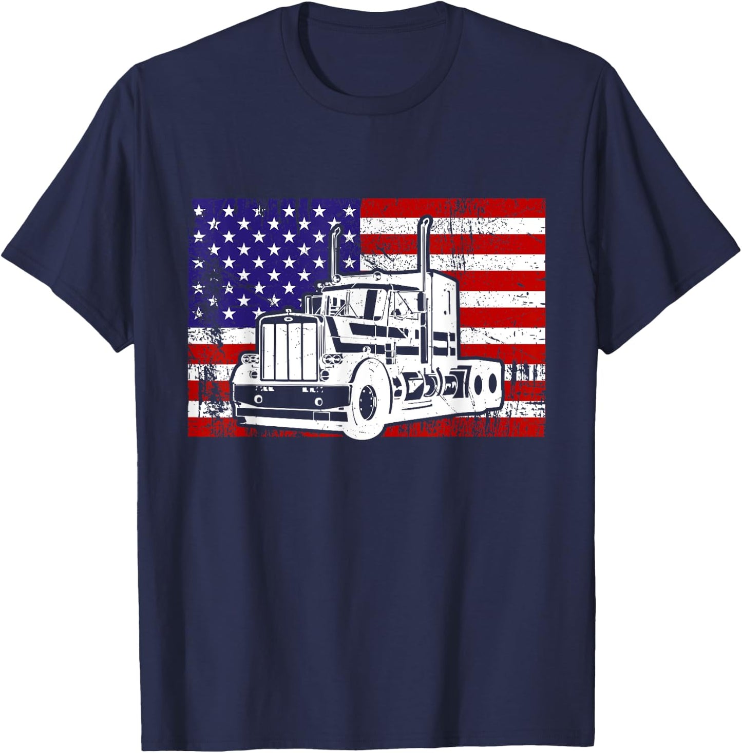 Us American Flag Semi Truck Driver 18 Wheeler Trucker T-Shirt - T-Shirt | Navy