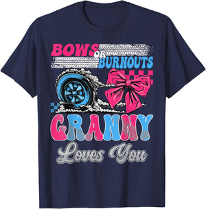 Burnouts or Bows Granny Loves You Gender Reveal Party T-Shirt - T-Shirt | Navy