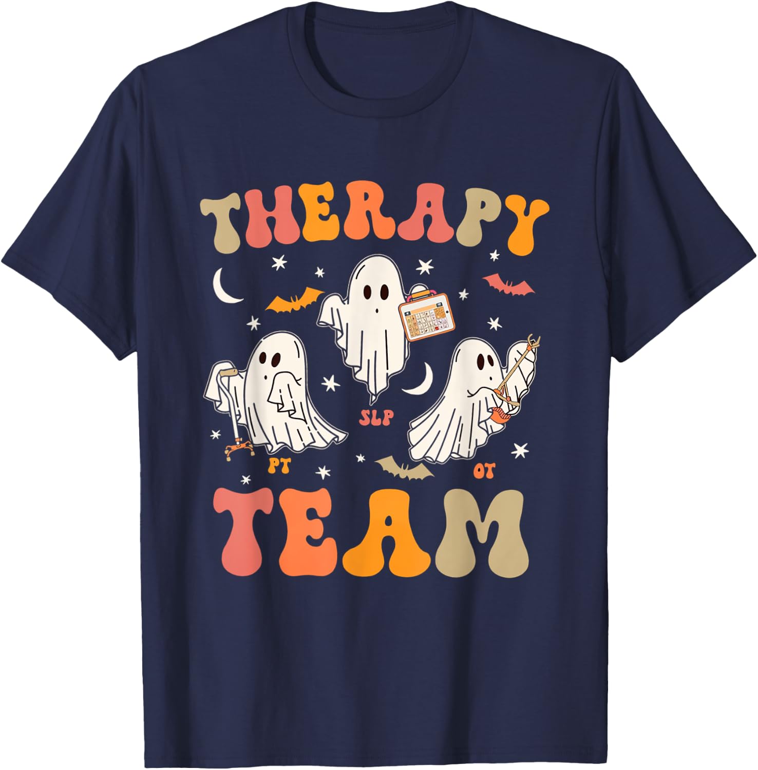 Therapy Team Halloween SLP OT PT Spooky Ghost Speech Therapy T-Shirt - T-Shirt | Navy