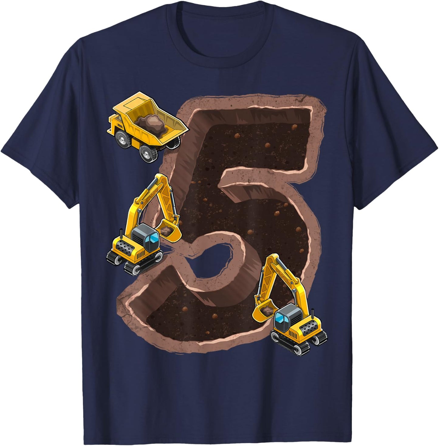 5th Birthday Excavator Construction Vehicles Party Gift Boys T-Shirt - T-Shirt | Navy