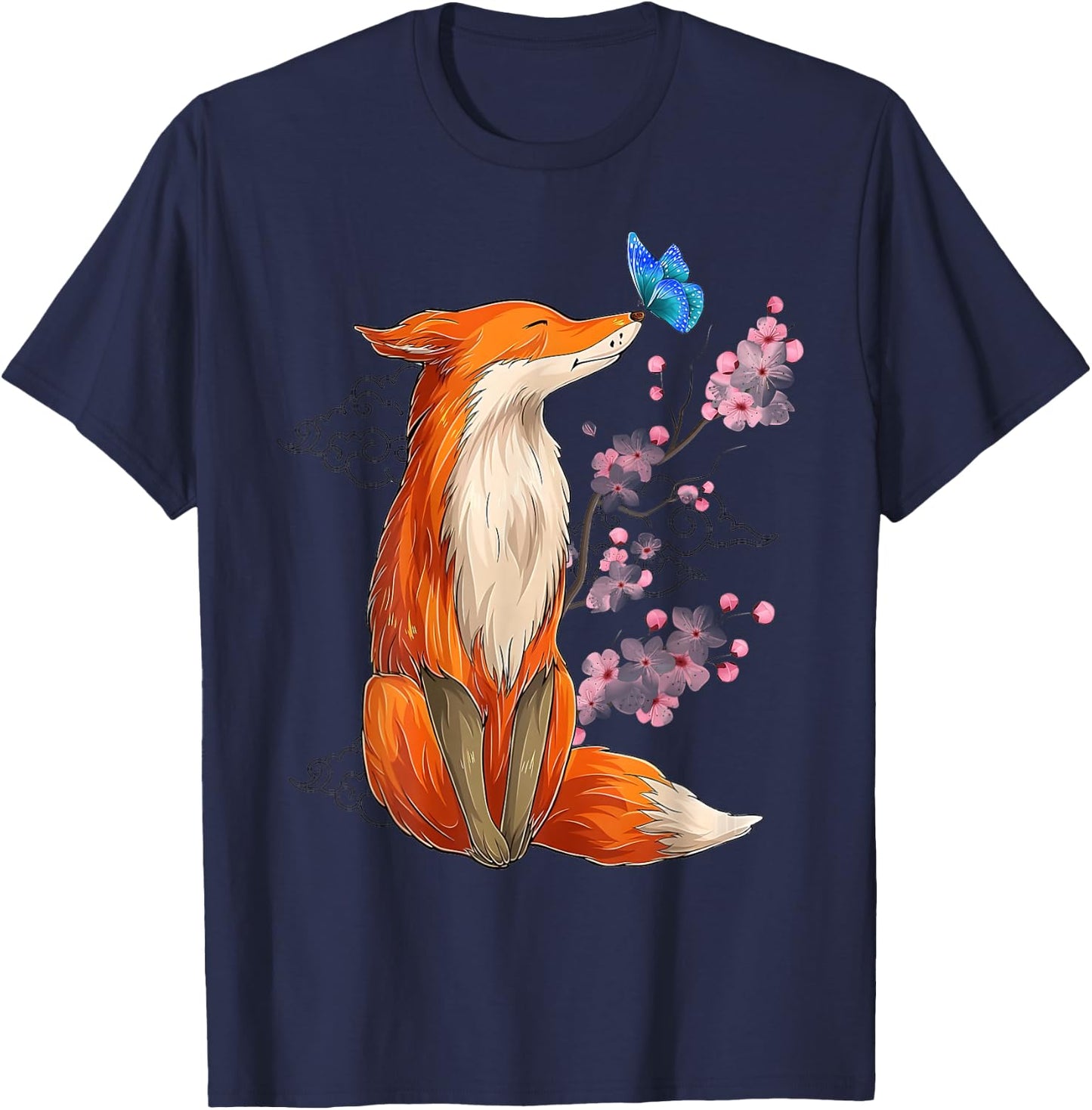 Vintage Japanese Cherry Blossom Fox Sakura Aesthetic Art T-Shirt - T-Shirt | Navy