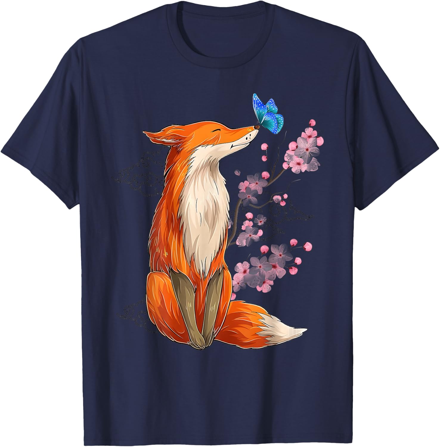 Vintage Japanese Cherry Blossom Fox Sakura Aesthetic Art T-Shirt - T-Shirt | Navy