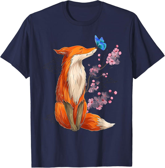 Vintage Japanese Cherry Blossom Fox Sakura Aesthetic Art T-Shirt - T-Shirt | Navy