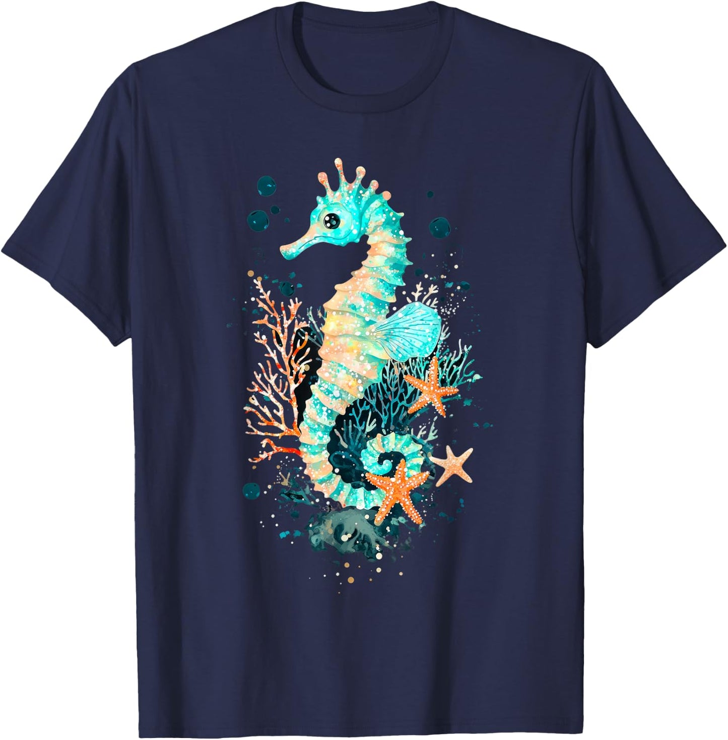 Seahorse Coral Starfish Nautical Art T-Shirt - T-Shirt | Navy