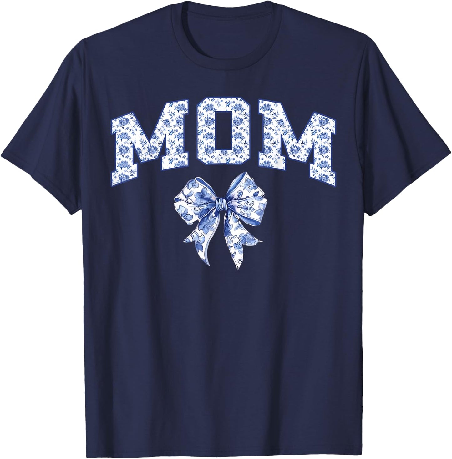Mom Coquette Toile Blue Bow Floral Family Matching T-Shirt - T-Shirt | Navy