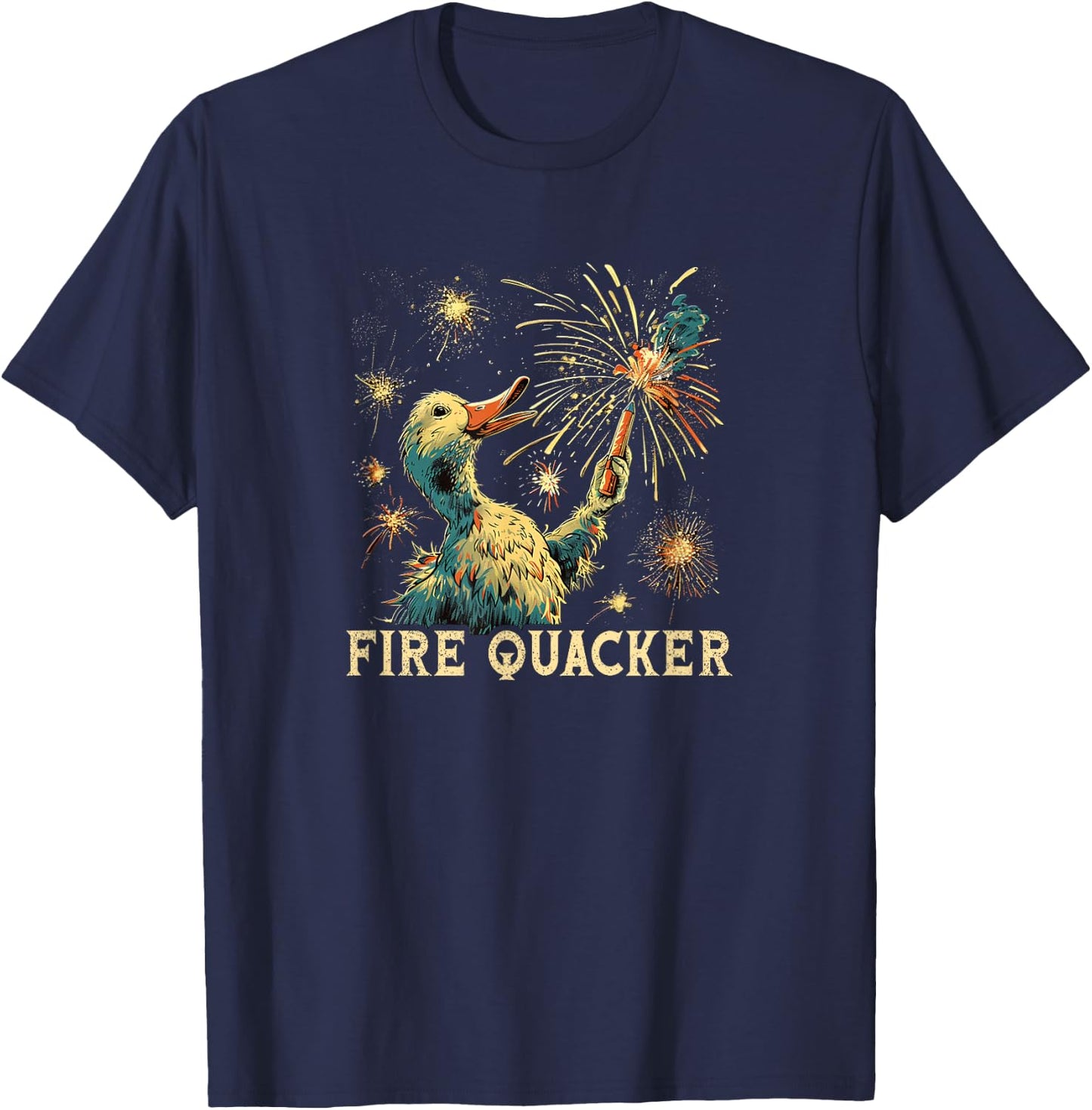 Funny Fireworks with Goose Duck - Fire Quacker T-Shirt - T-Shirt | Navy