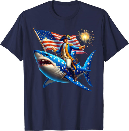 Washington Riding Shark Funny July 4th American Flag Patriot Men T-Shirt - T-Shirt | Navy