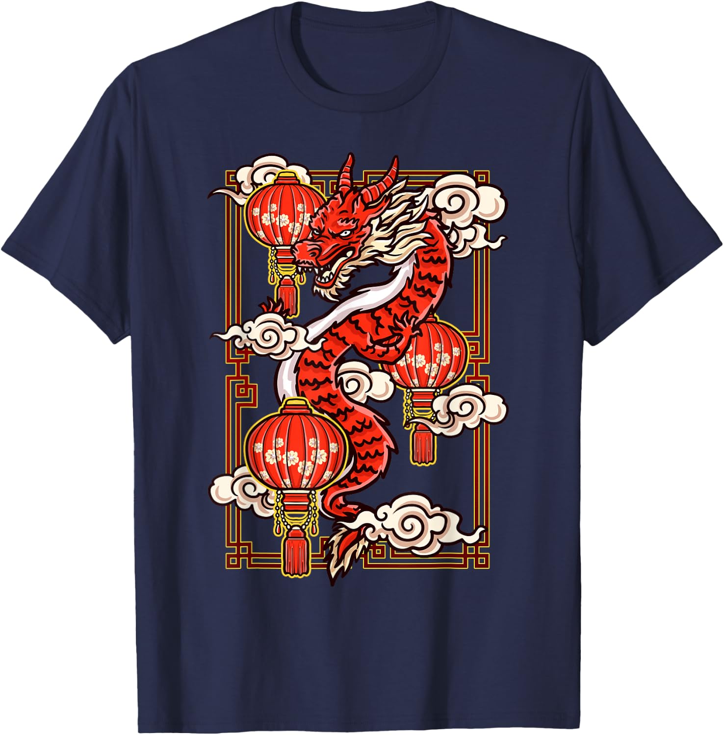 Red Chinese New Year of the Dragon 2024 Lanterns Clouds T-Shirt - T-Shirt | Navy