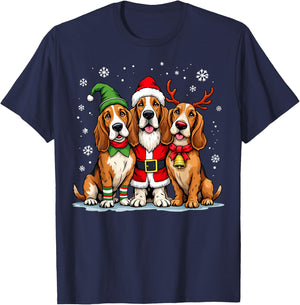Basset Hound Christmas Dogs Funny Santa Reindeer Elf Holiday T-Shirt - T-Shirt | Navy