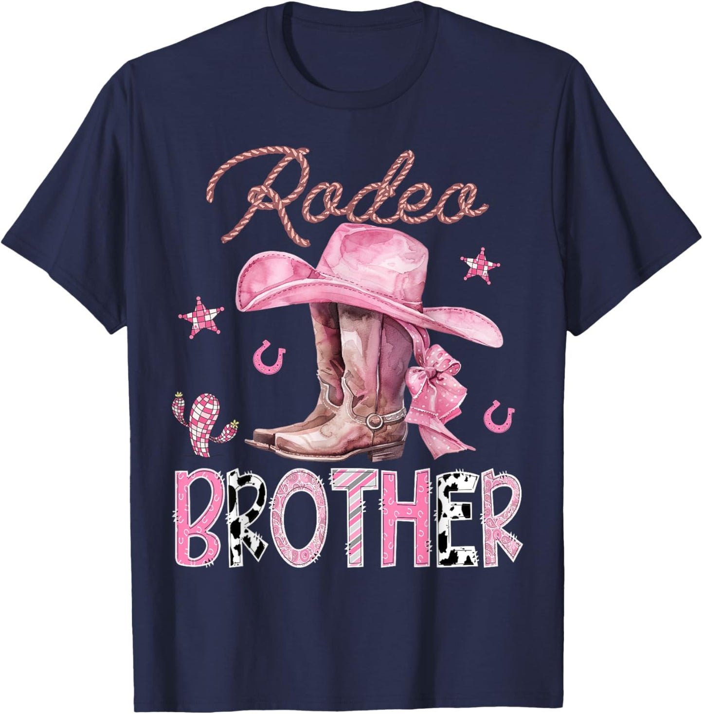 Rodeo Brother Pink Boots Coquette CowGirl Birthday Party T-Shirt - T-Shirt | Navy