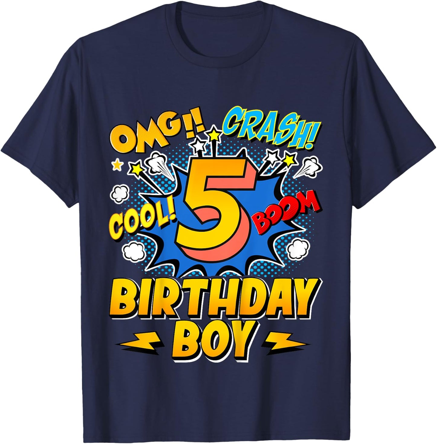 Kids Birthday Boy Comic Style 5 Years Old 5th Birthday Party T-Shirt - T-Shirt | Navy
