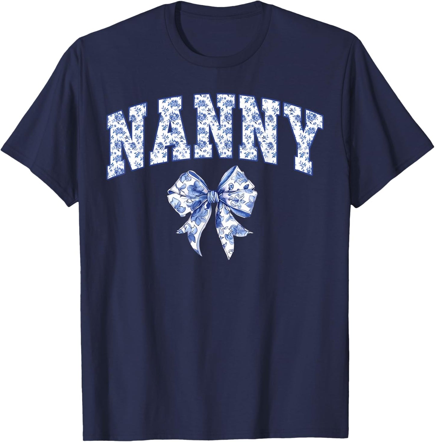 Nanny Coquette Toile Blue Bow Floral Family Matching T-Shirt - T-Shirt | Navy