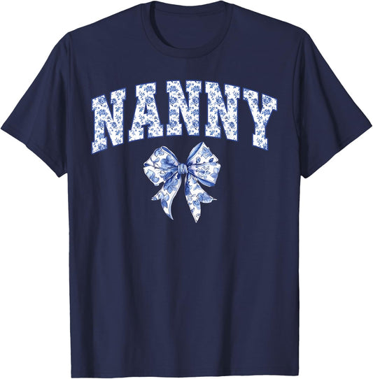 Nanny Coquette Toile Blue Bow Floral Family Matching T-Shirt - T-Shirt | Navy