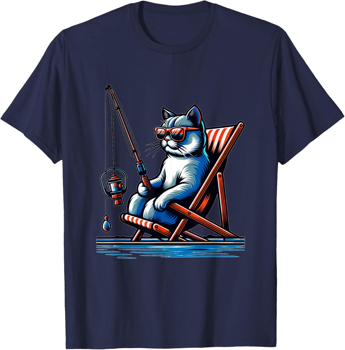 Cool Cat Things Funny Fishing Cat , Black, Small T-Shirt - T-Shirt | Navy