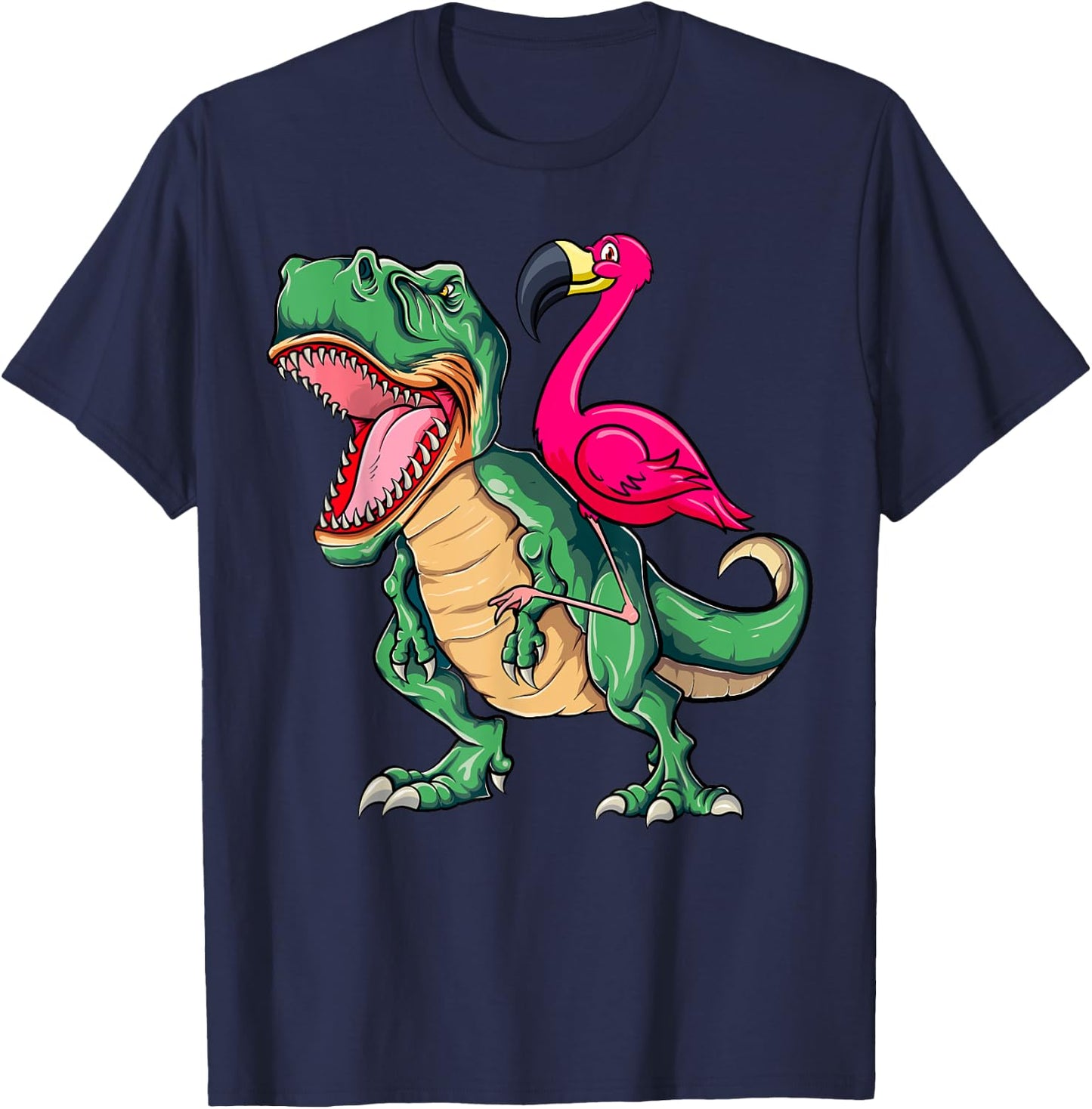 Flamingo Riding Dinosaur T rex Funny Flamingo Tyrannosaurus T-Shirt - T-Shirt | Navy