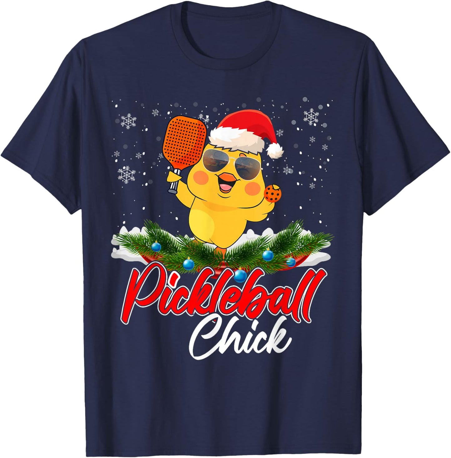 Pickleball Chick Funny Santa Hat Sunglass Snowflakes Xmas T-Shirt - T-Shirt | Navy