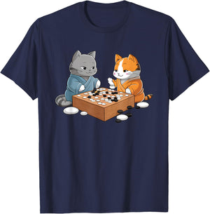 Kawaii Cat Samurais Playing Go Board Game Baduk Funny Cat T-Shirt - T-Shirt | Navy