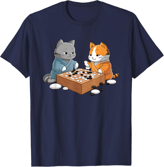Kawaii Cat Samurais Playing Go Board Game Baduk Funny Cat T-Shirt - T-Shirt | Navy