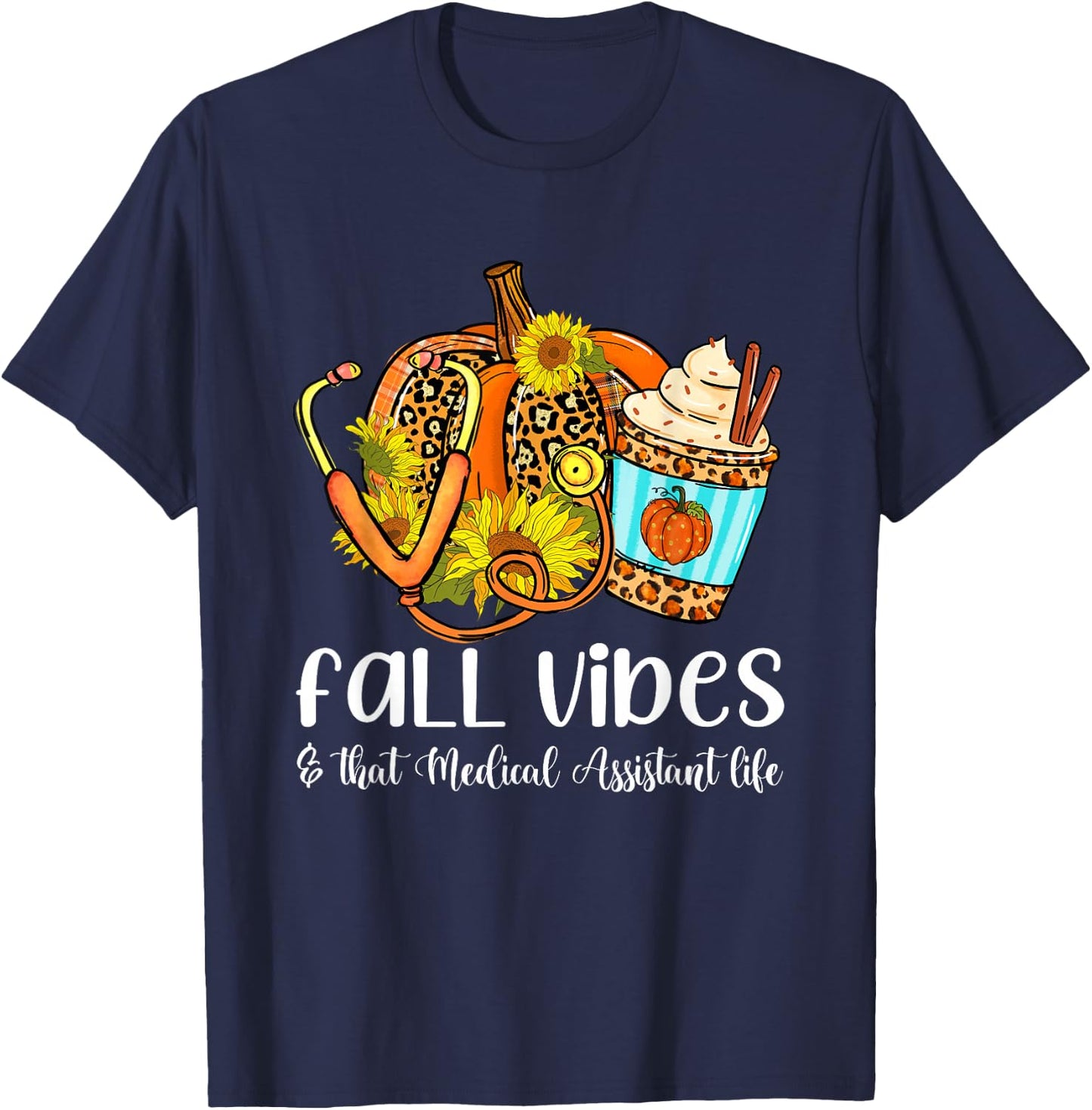 Fall Vibes & That Medical Assistant Life Leopard Pumpkin T-Shirt - T-Shirt | Navy