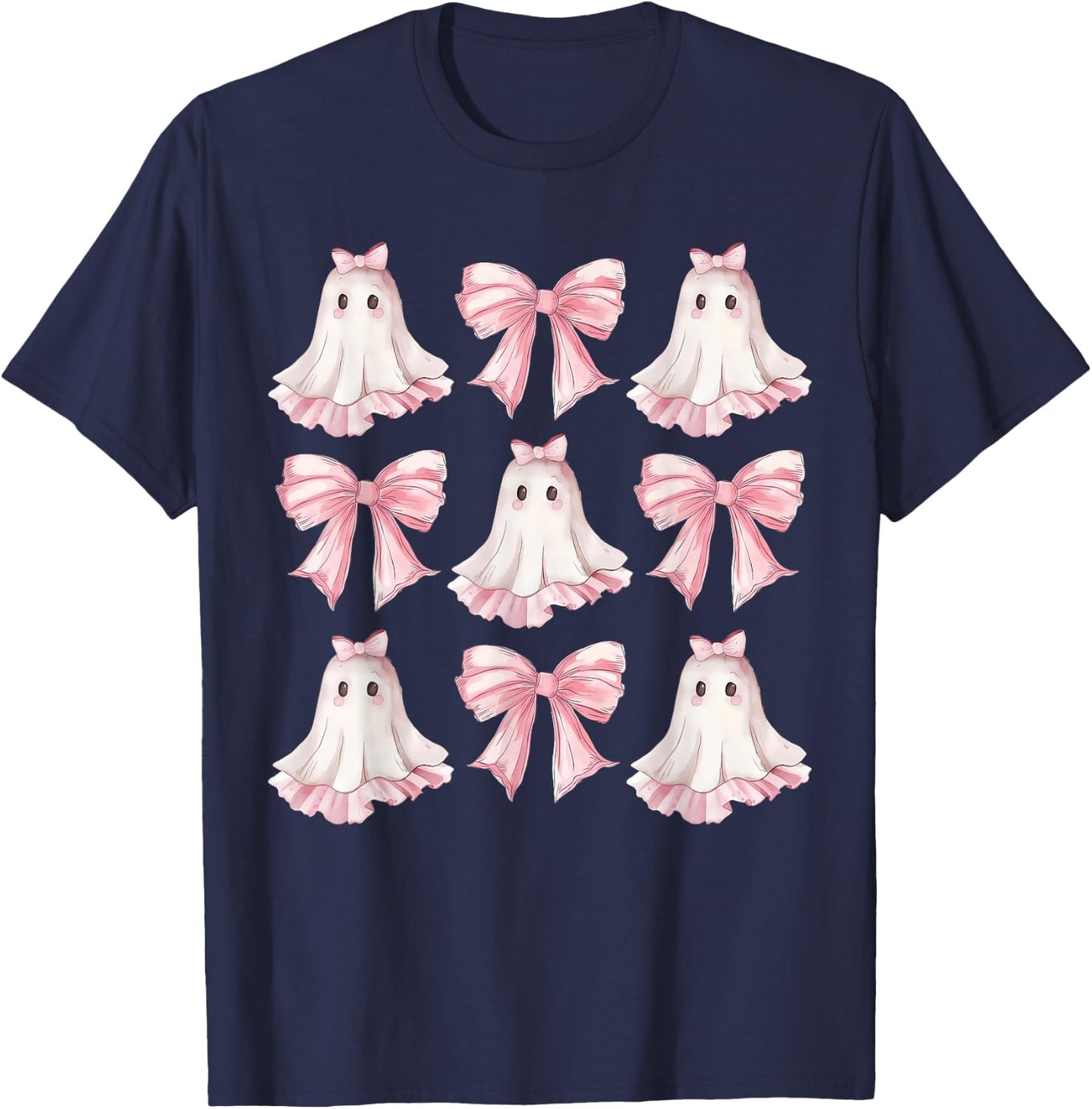 Retro Pink Bow Ghost Shirt | Cute Ghost Graphic Girl Women T-Shirt - T-Shirt | Navy