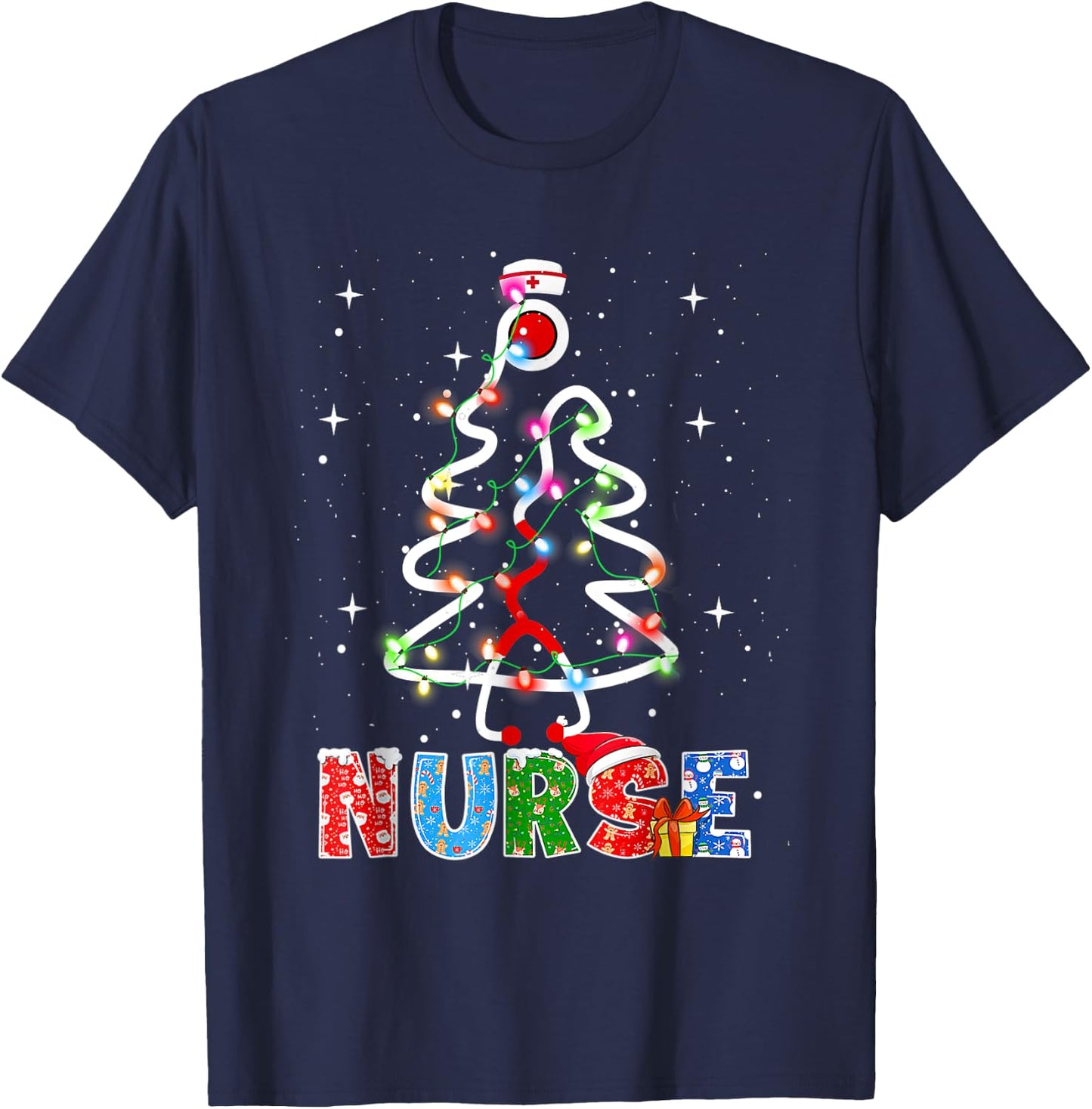 Nurse Christmas Tree Stethoscope RN LPN Scrub Nursing X-mas T-Shirt - T-Shirt | Navy
