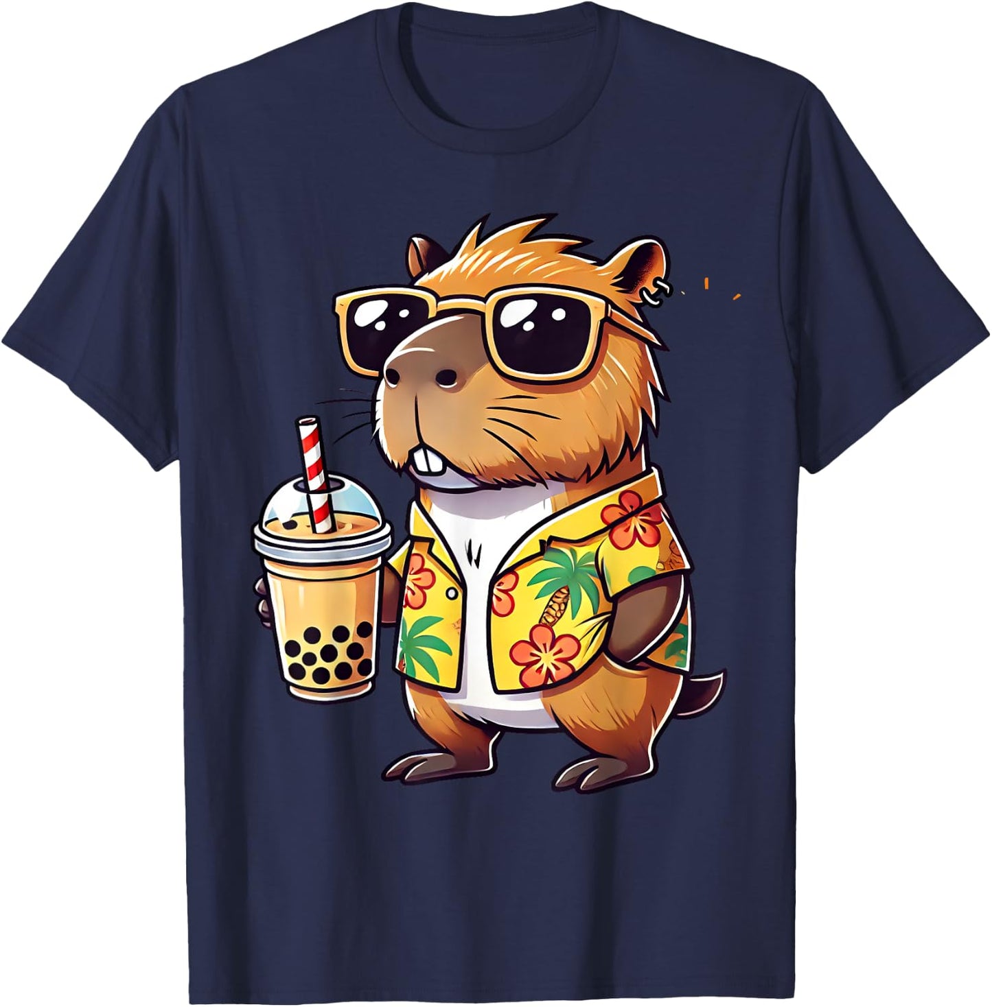Funny Capybara Summer Hawaii Boba Tea Sunglass Men Women T-Shirt - T-Shirt | Navy