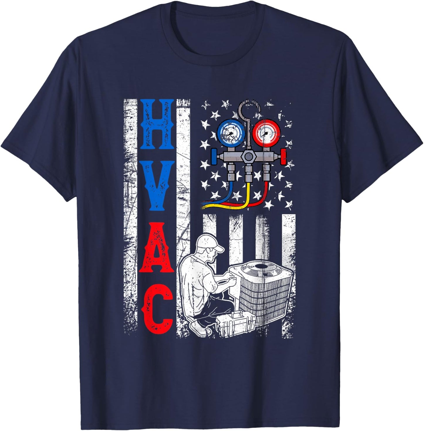 Distressed Proud USA HVAC Tech American Flag HVAC Technician T-Shirt - T-Shirt | Navy
