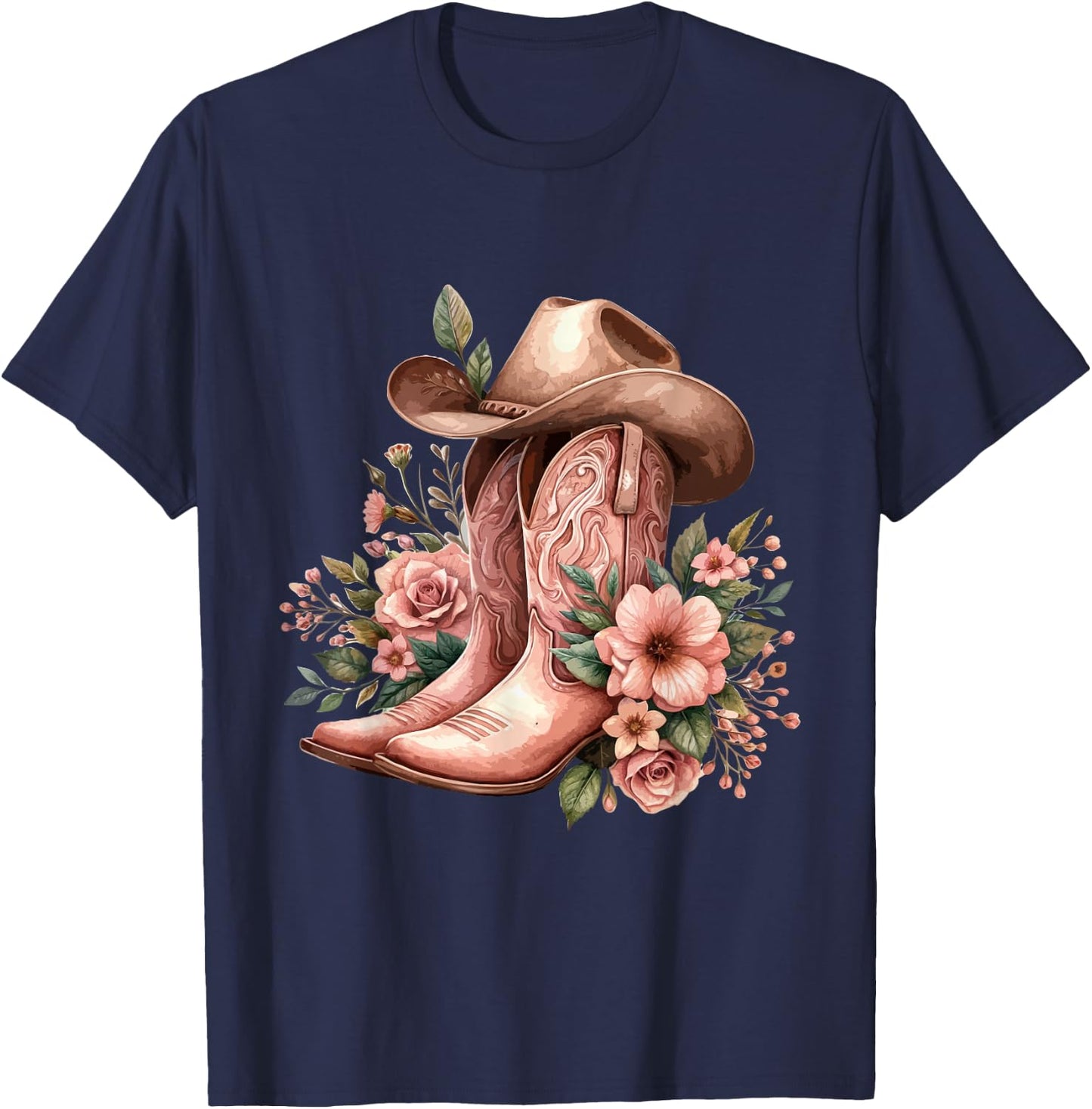 Boho Watercolor Cowgirl Boots Hat Floral Boots Western Boots T-Shirt - T-Shirt | Navy