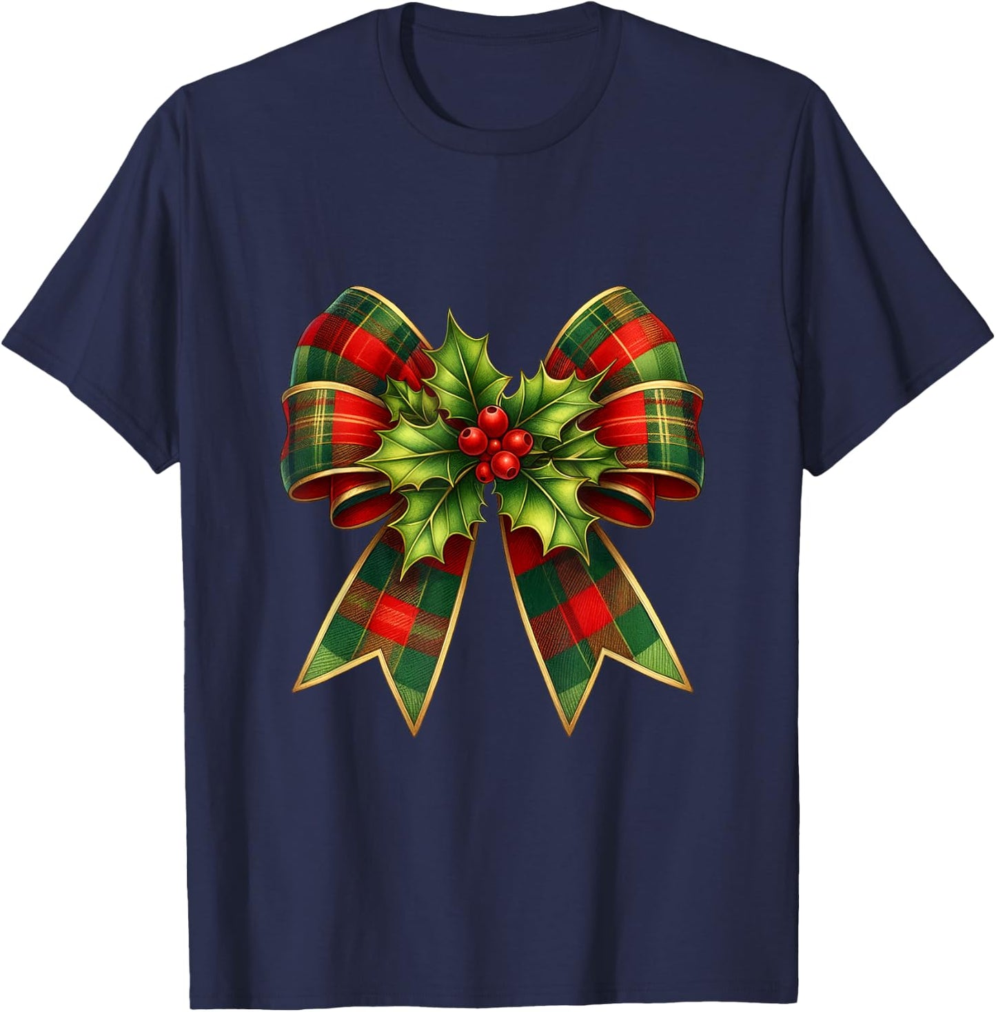 Holly Berries Christmas Coquette Bow Xmas Plaid Women Girls T-Shirt - T-Shirt | Navy