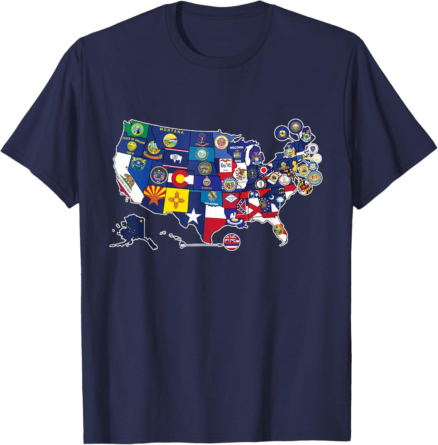 Map of The United States with The Flag of Every States - USA T-Shirt - T-Shirt | Navy