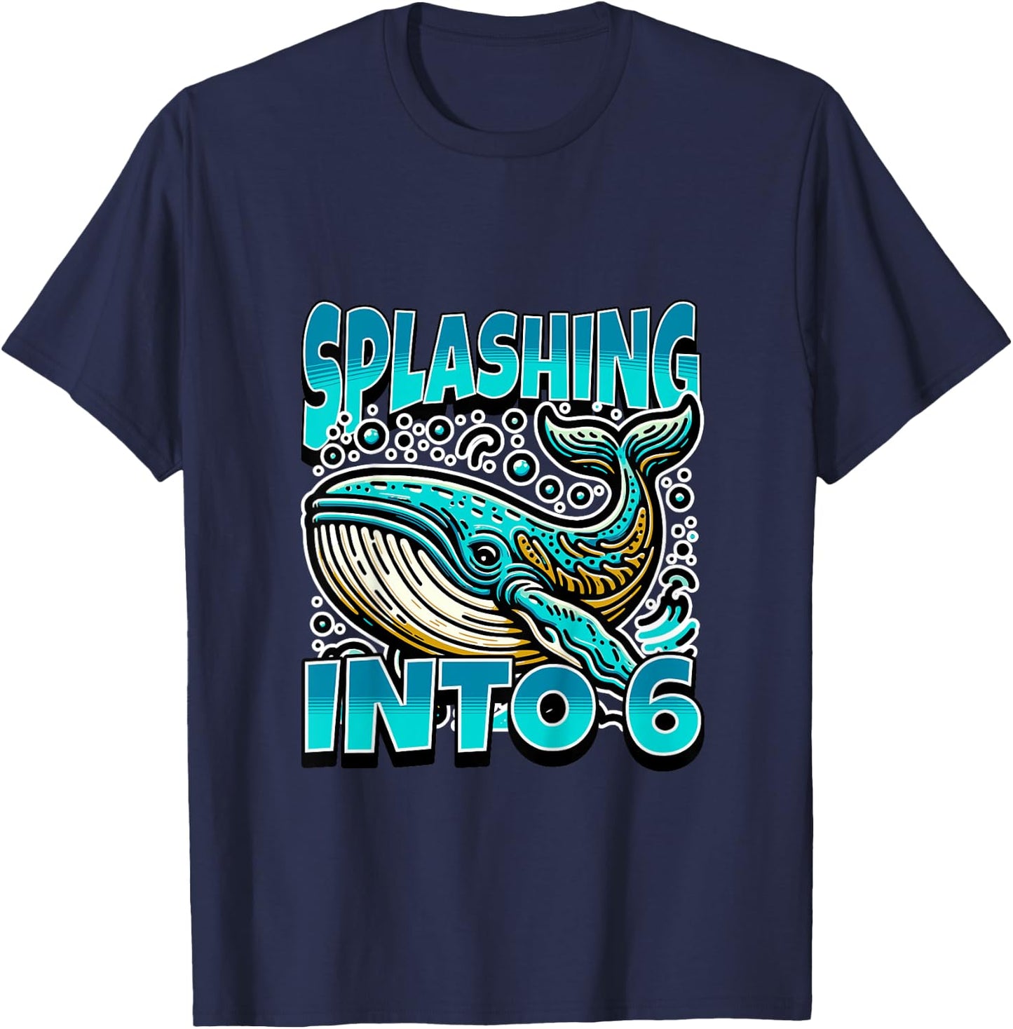 Kids Whale Splashing Into 6 Year Old 6th Birthday Boy T-Shirt - T-Shirt | Navy
