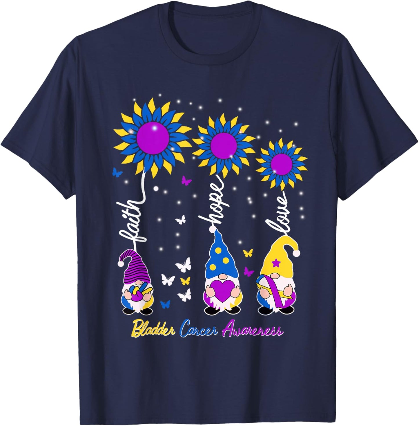 Faith Hope Love Gnome Ribbon Bladder Cancer Awareness Gifts T-Shirt - T-Shirt | Navy