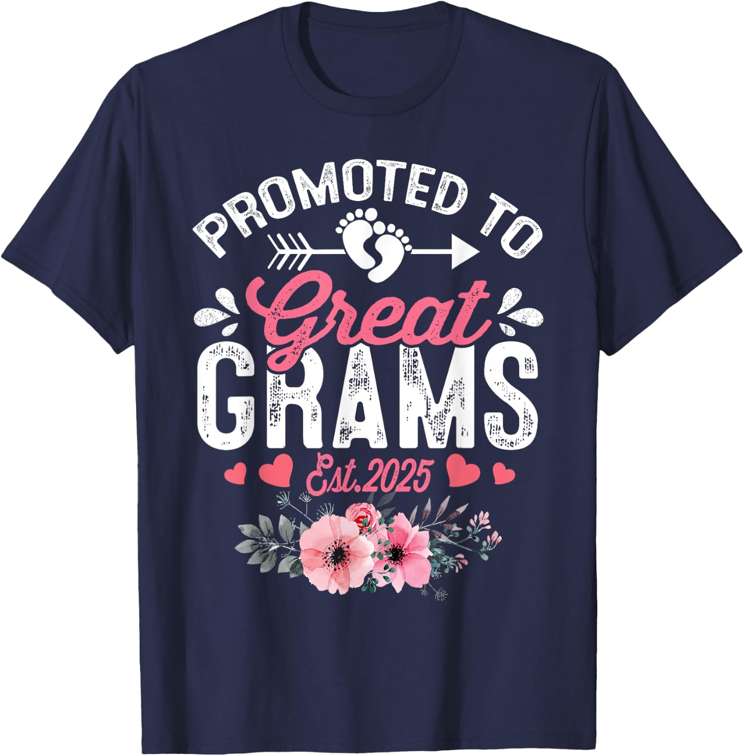 Promoted To Great Grams Est 2025 First Time Grams Floral T-Shirt - T-Shirt | Navy