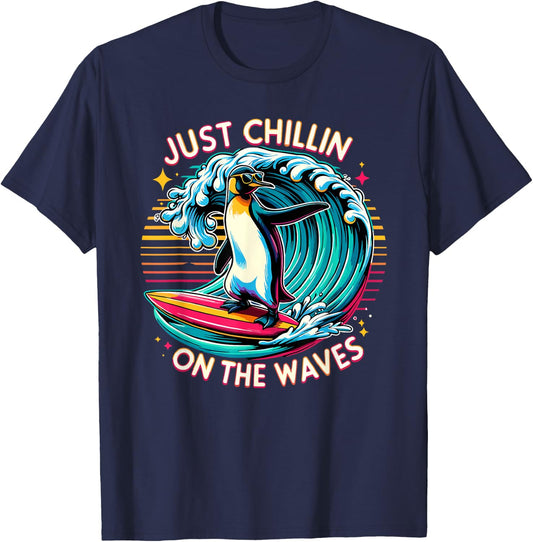 Just Chillin' On The Waves Funny Surfing Penguin Design T-Shirt - T-Shirt | Navy