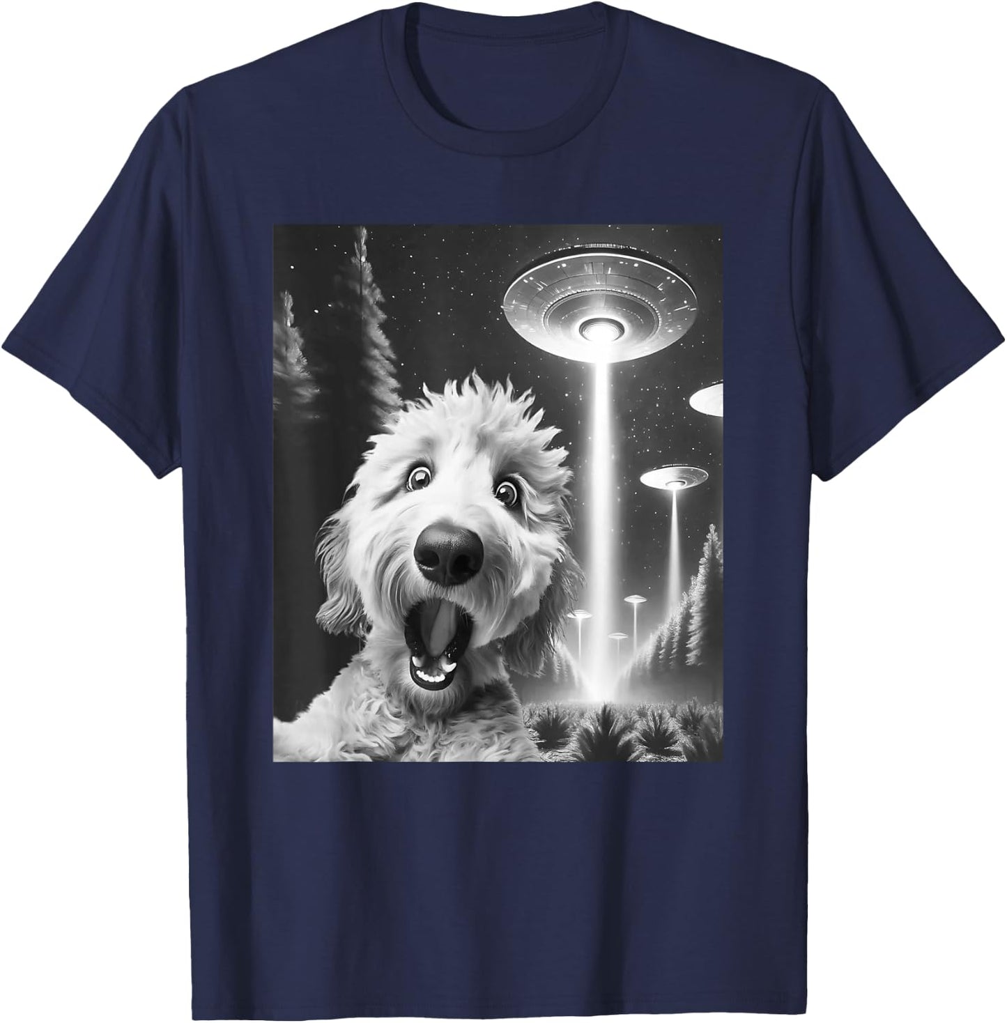 Funny Goldendoodle Alien UFO Taking a Selfie Dog Mom Dad T-Shirt - T-Shirt | Navy