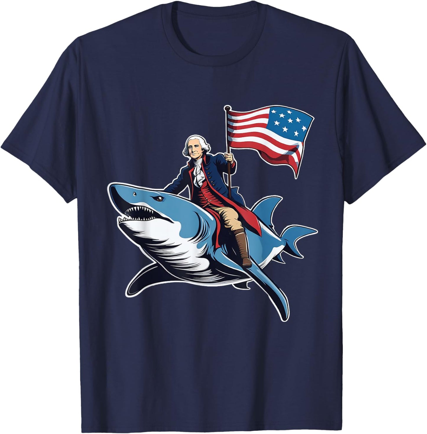 Awesome Patriotic George Washington 4th Of July Shark Riding Women Kids Men T-Shirt - T-Shirt | Navy