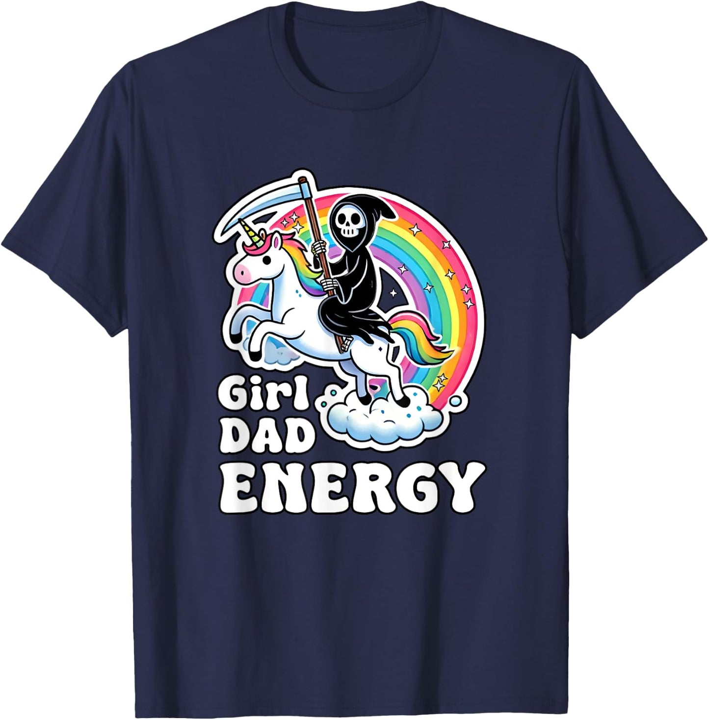 Funny Girl Dad Energy Retro Unicorn Grim Reaper T-Shirt - T-Shirt | Navy