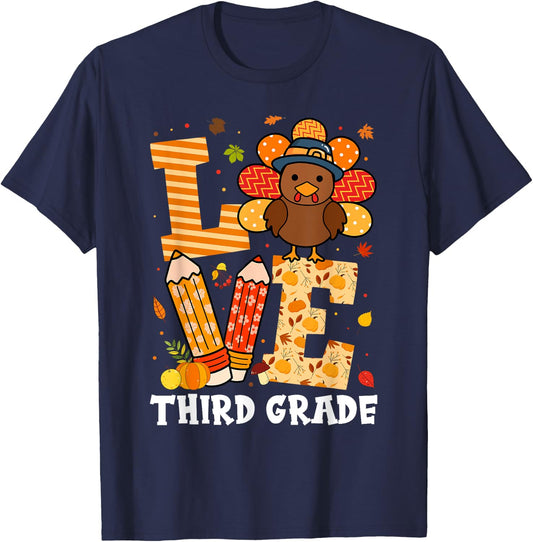 Thanksgiving Love Third Grade Teacher Turkey Autumn Fall Men Women Girls Kids T-Shirt - T-Shirt | Navy