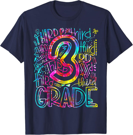 Tie Dye 3rd Grade Typography Team Third Grade Teacher Gift T-Shirt - T-Shirt | Navy