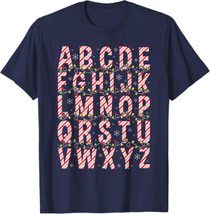 Candy Cane Alphabet Christmas Lights Teacher School ABC T-Shirt - T-Shirt | Navy