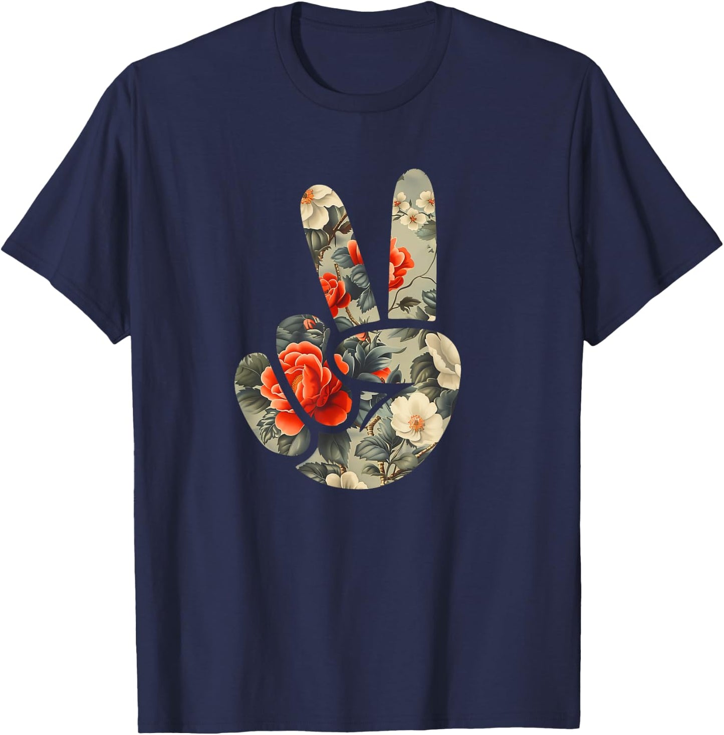 Elegant Silhouette Wildflowers Floral Peace Sign Hand T-Shirt - T-Shirt | Navy
